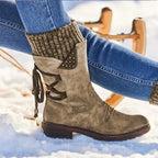 Brown Women's Lace-Up Mid-Calf Winter Boots with Knit Cuff - Outdoor Snow Detail