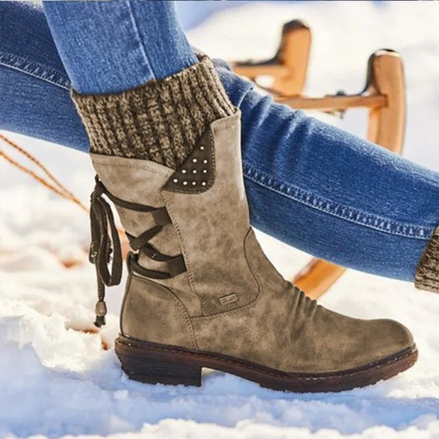Brown Women's Lace-Up Mid-Calf Winter Boots with Knit Cuff - Outdoor Snow Detail