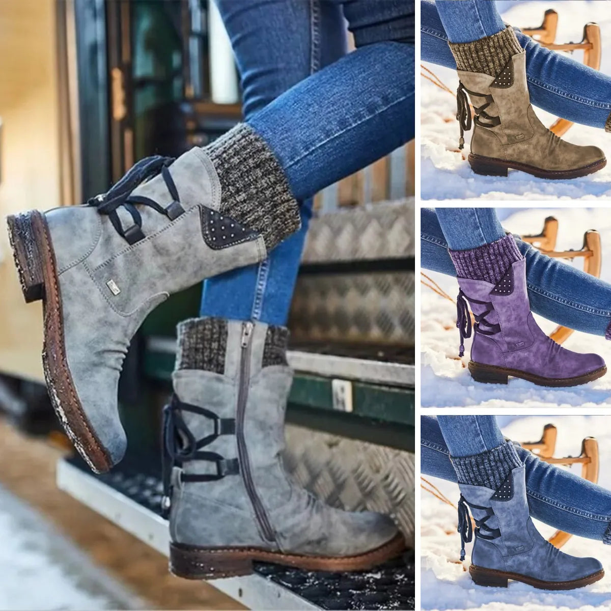 Women's Lace-Up Mid-Calf Winter Boots with Knit Cuff - Color Collage