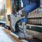 Grey Women's Lace-Up Mid-Calf Winter Boots with Knit Cuff - Lifted Leg Pose
