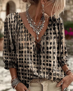 Black Women's Lace Up V-Neck Blouse with Ruffled Trim & Puff Sleeves