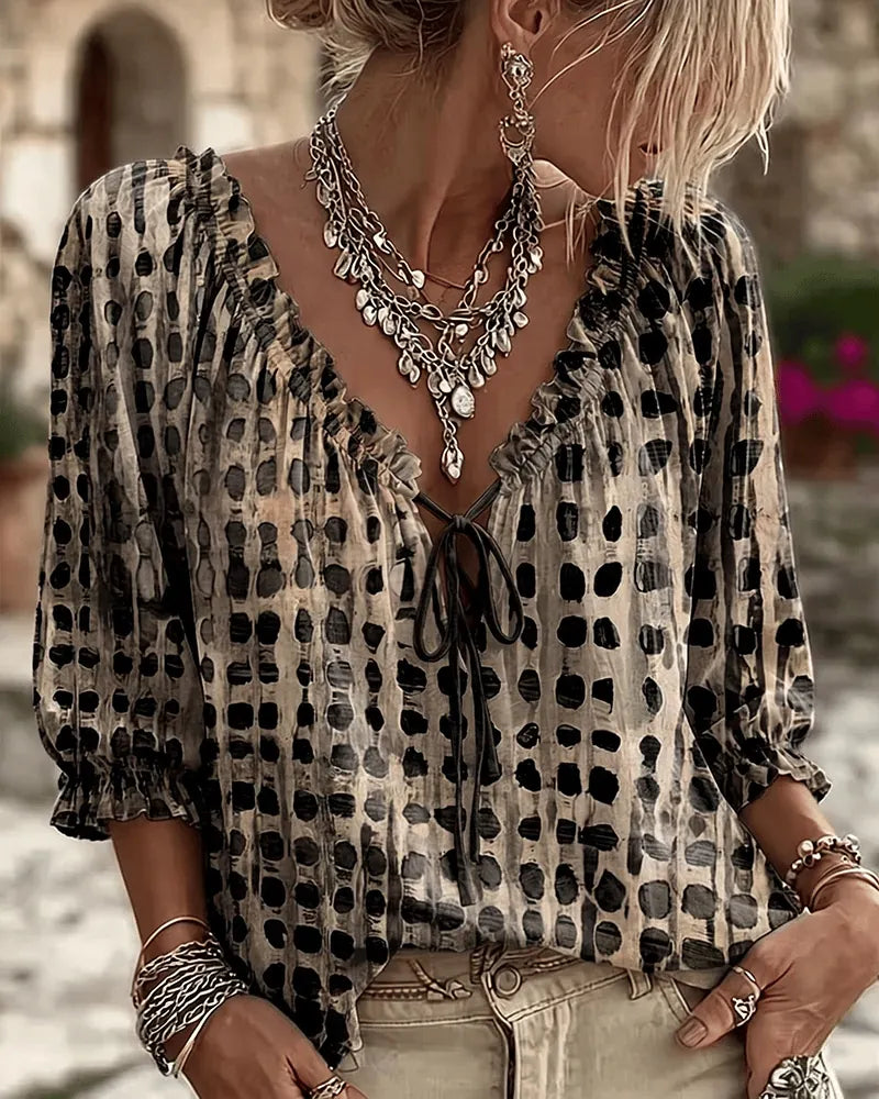Black Women's Lace Up V-Neck Blouse with Ruffled Trim & Puff Sleeves