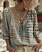 Blue Women's Lace Up V-Neck Blouse with Ruffled Trim & Puff Sleeves