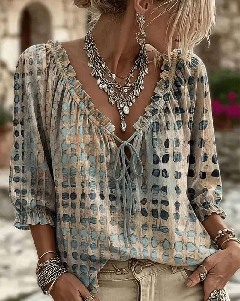 Blue Women's Lace Up V-Neck Blouse with Ruffled Trim & Puff Sleeves