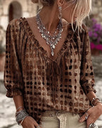 Brown Women's Lace Up V-Neck Blouse with Ruffled Trim & Puff Sleeves