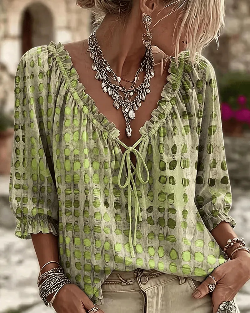 Green Women's Lace Up V-Neck Blouse with Ruffled Trim & Puff Sleeves