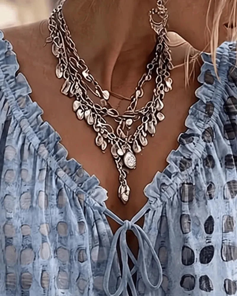 Women's Lace Up V-Neck Blouse with Ruffled Trim & Puff Sleeves - Blue Close Up Detail