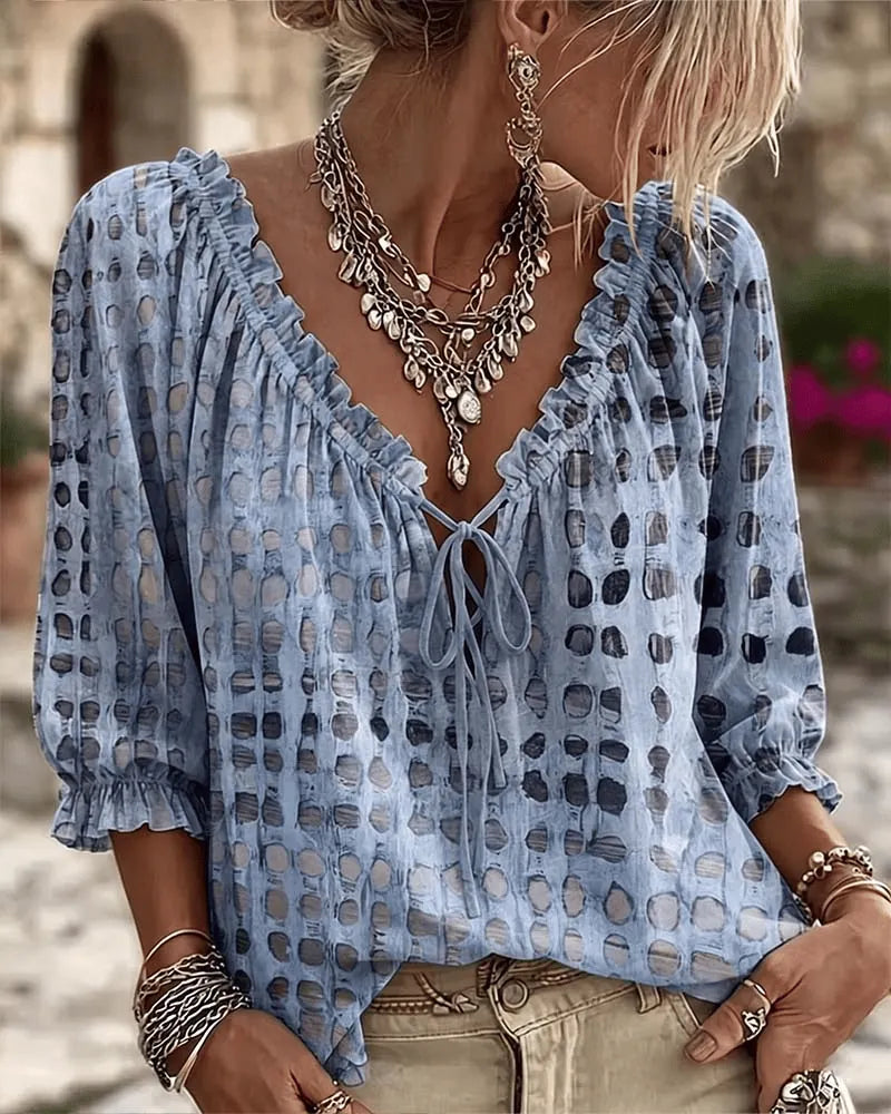 Misty Blue Women's Lace Up V-Neck Blouse with Ruffled Trim & Puff Sleeves