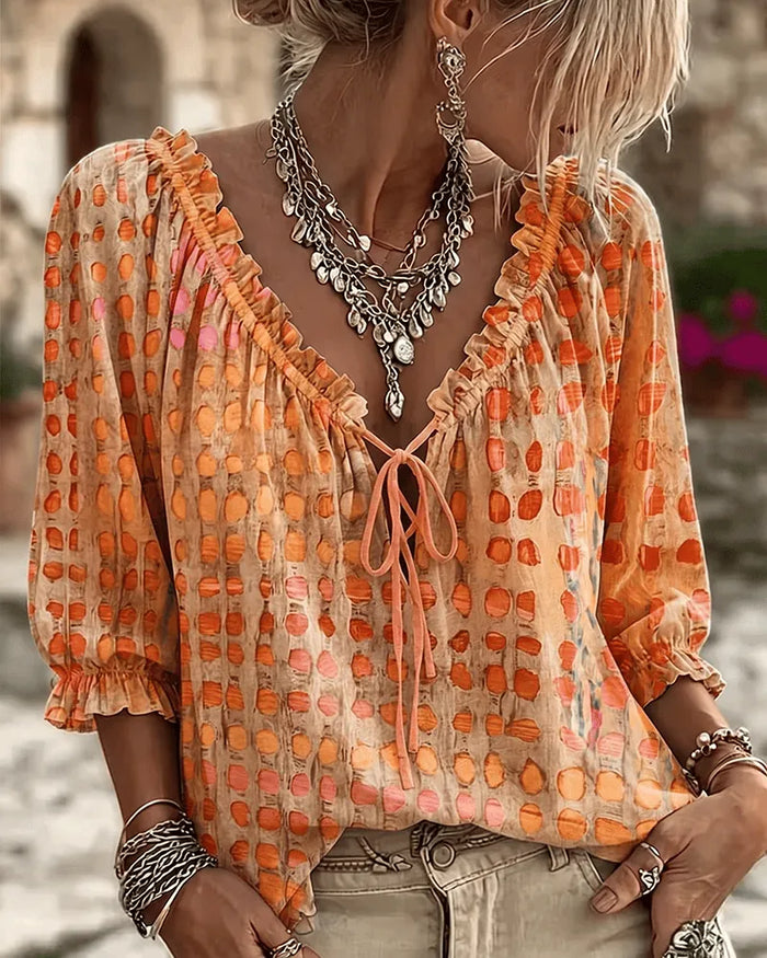 Orange Women's Lace Up V-Neck Blouse with Ruffled Trim & Puff Sleeves