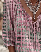 Women's Lace Up V-Neck Blouse with Ruffled Trim & Puff Sleeves - Close Up Neckline