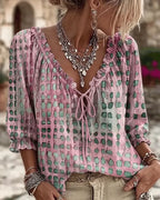 Pink Women's Lace Up V-Neck Blouse with Ruffled Trim & Puff Sleeves
