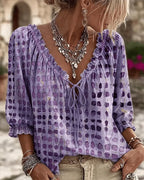 Purple Women's Lace Up V-Neck Blouse with Ruffled Trim & Puff Sleeves