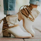 Beige Women's Lace-Up Western Boots — Estelle Cushioned Block Heel Ankle - Front Full