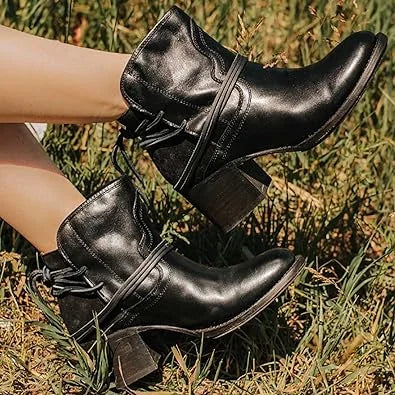 Black Women's Lace-Up Western Boots — Estelle Cushioned Block Heel Ankle - Outdoor Grass Pose