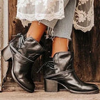 Black Women's Lace-Up Western Boots — Estelle Cushioned Block Heel Ankle - Side Doorway Pose