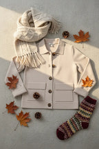 Beige Women's Casual Blazer with Lapel Collar & Patch Pockets — Philippa - Flat Lay Autumn