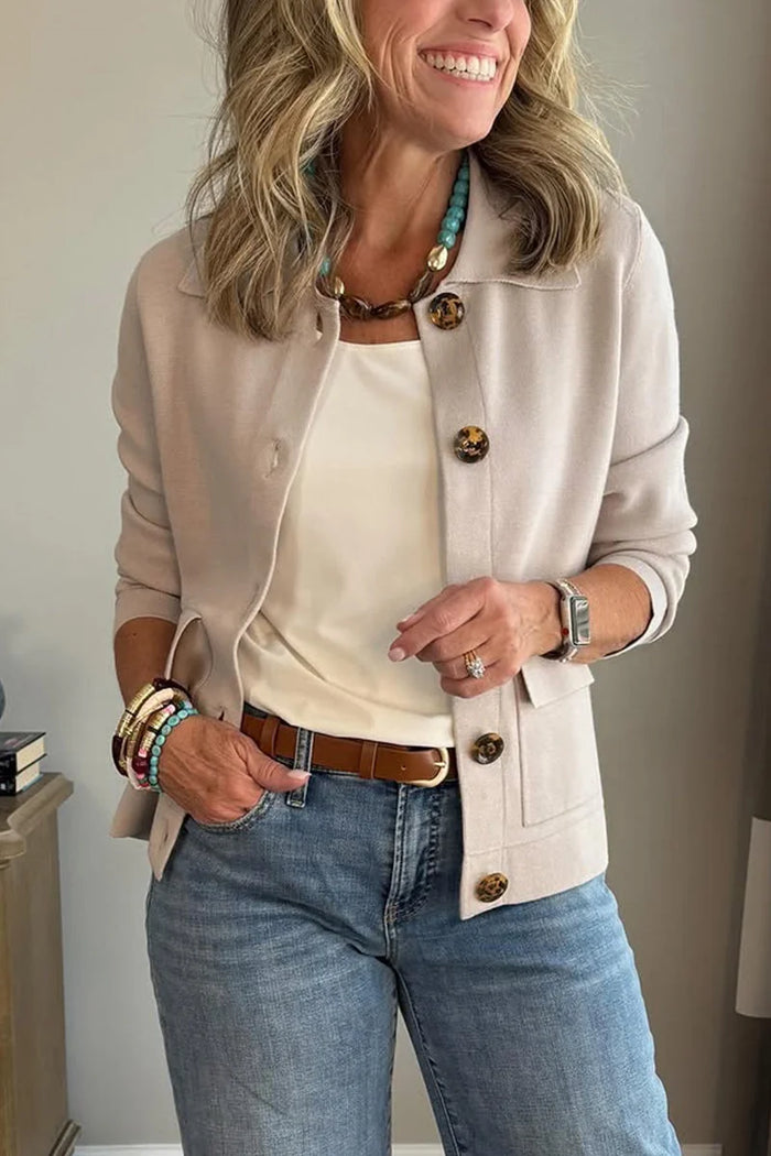 Beige Women's Casual Blazer with Lapel Collar & Patch Pockets
