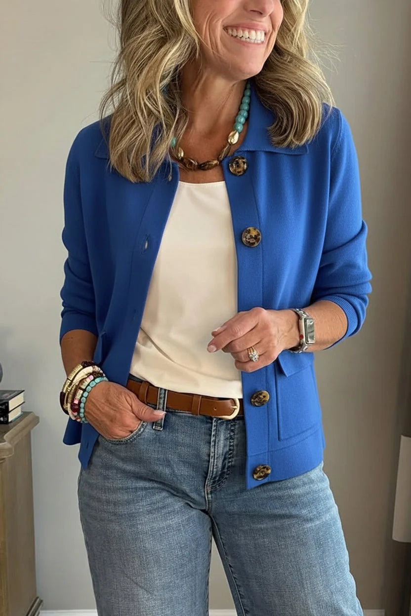 Blue Women's Casual Blazer with Lapel Collar & Patch Pockets — Philippa