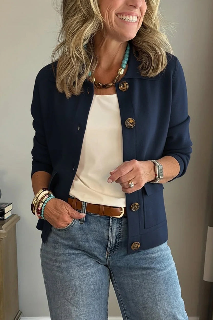 Navy Women's Casual Blazer with Lapel Collar & Patch Pockets — Philippa
