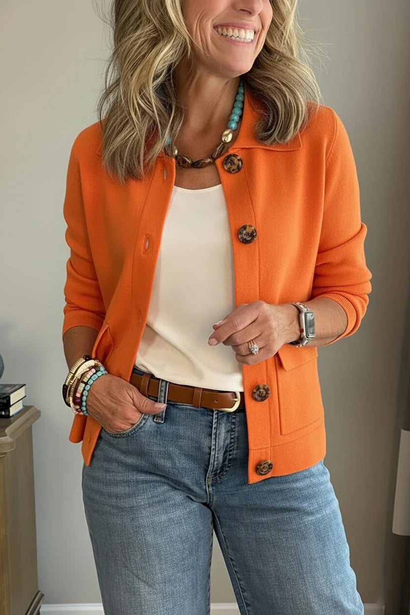 Orange Women's Casual Blazer with Lapel Collar & Patch Pockets — Philippa