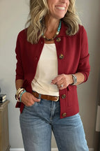 Wine Women's Casual Blazer with Lapel Collar & Patch Pockets