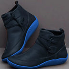 Blue Women's Slip-On Leather Ankle Boots — Jenna Buckle Strap Wedge - Dark Side Profile