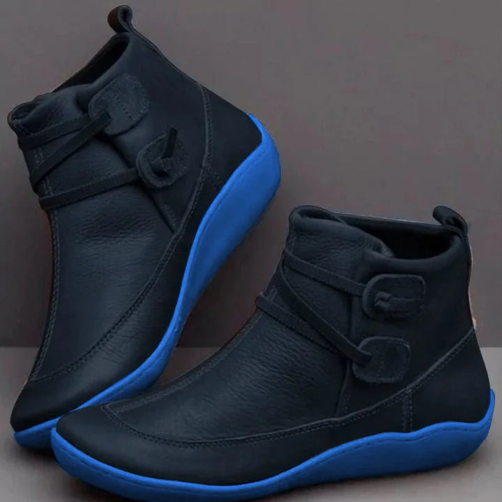 Blue Women's Slip-On Leather Ankle Boots — Jenna Buckle Strap Wedge - Dark Side Profile