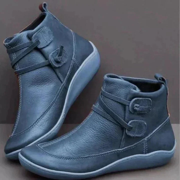 Blue Women's Slip-On Leather Ankle Boots — Jenna Buckle Strap Wedge - Side Profile Light