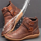 Brown Women's Slip-On Leather Ankle Boots — Jenna Buckle Strap Wedge - Water Splash Front