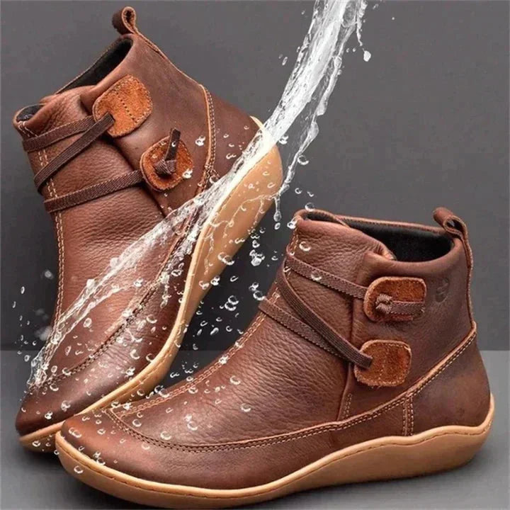Brown Women's Slip-On Leather Ankle Boots — Jenna Buckle Strap Wedge - Water Splash Front