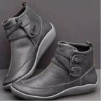 Gray Women's Slip-On Leather Ankle Boots — Jenna Buckle Strap Wedge - Side Profile Pair