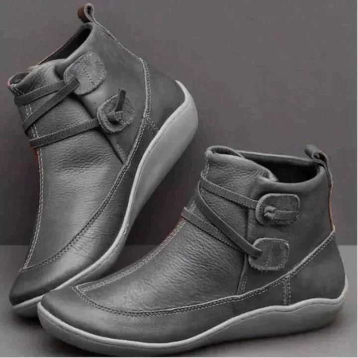 Gray Women's Slip-On Leather Ankle Boots — Jenna Buckle Strap Wedge - Side Profile Pair