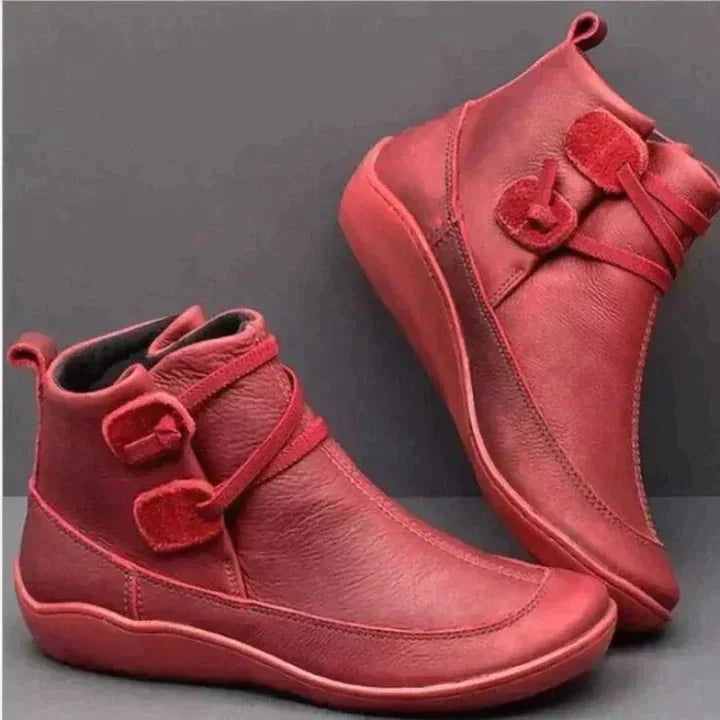Red Women's Slip-On Leather Ankle Boots — Jenna Buckle Strap Wedge - Side Profile Pair