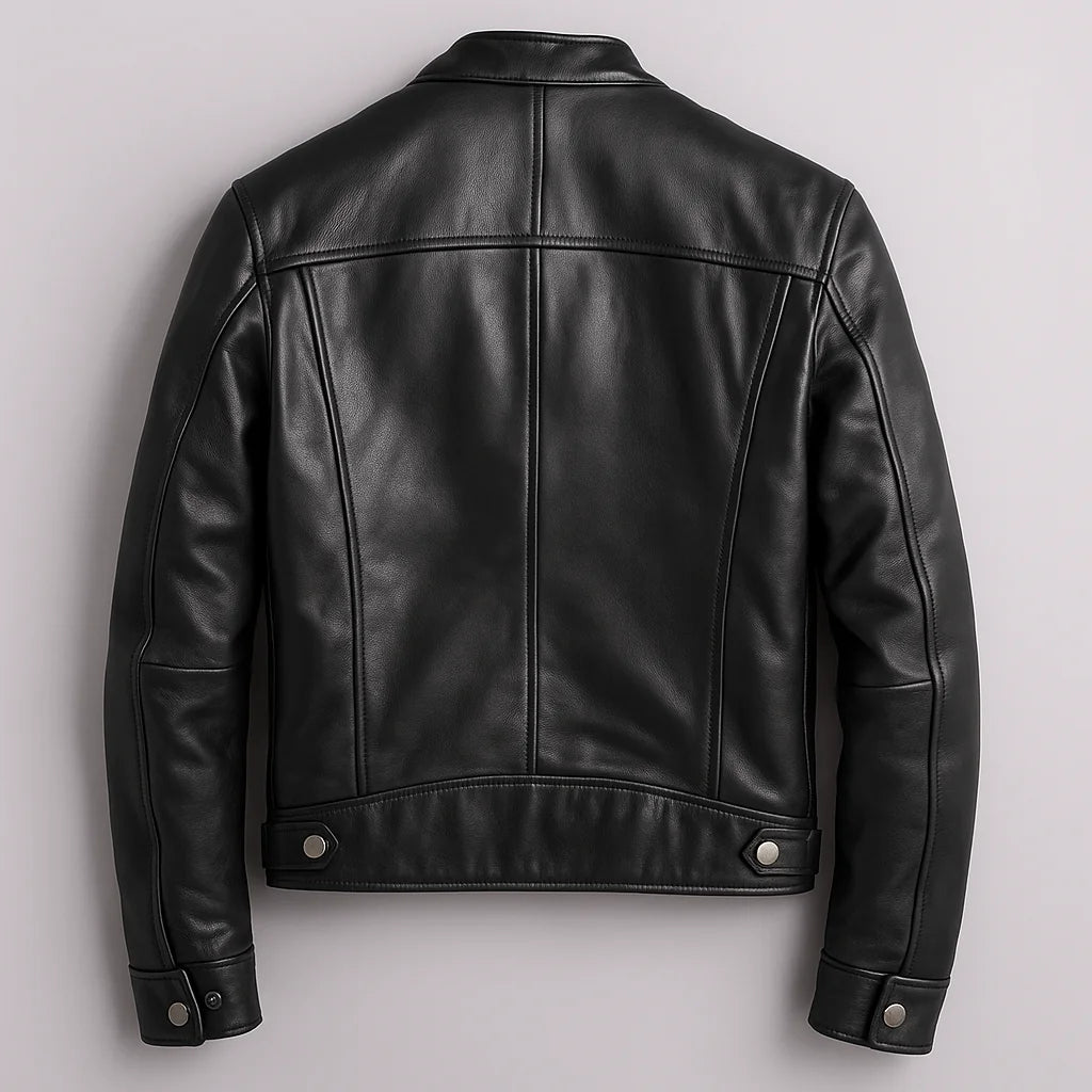 Men's Leather Biker Jacket with Zip Pockets & Slim Fit - Back Flat Lay