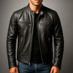 Men's Leather Biker Jacket with Zip Pockets & Slim Fit - Worn Front Detail