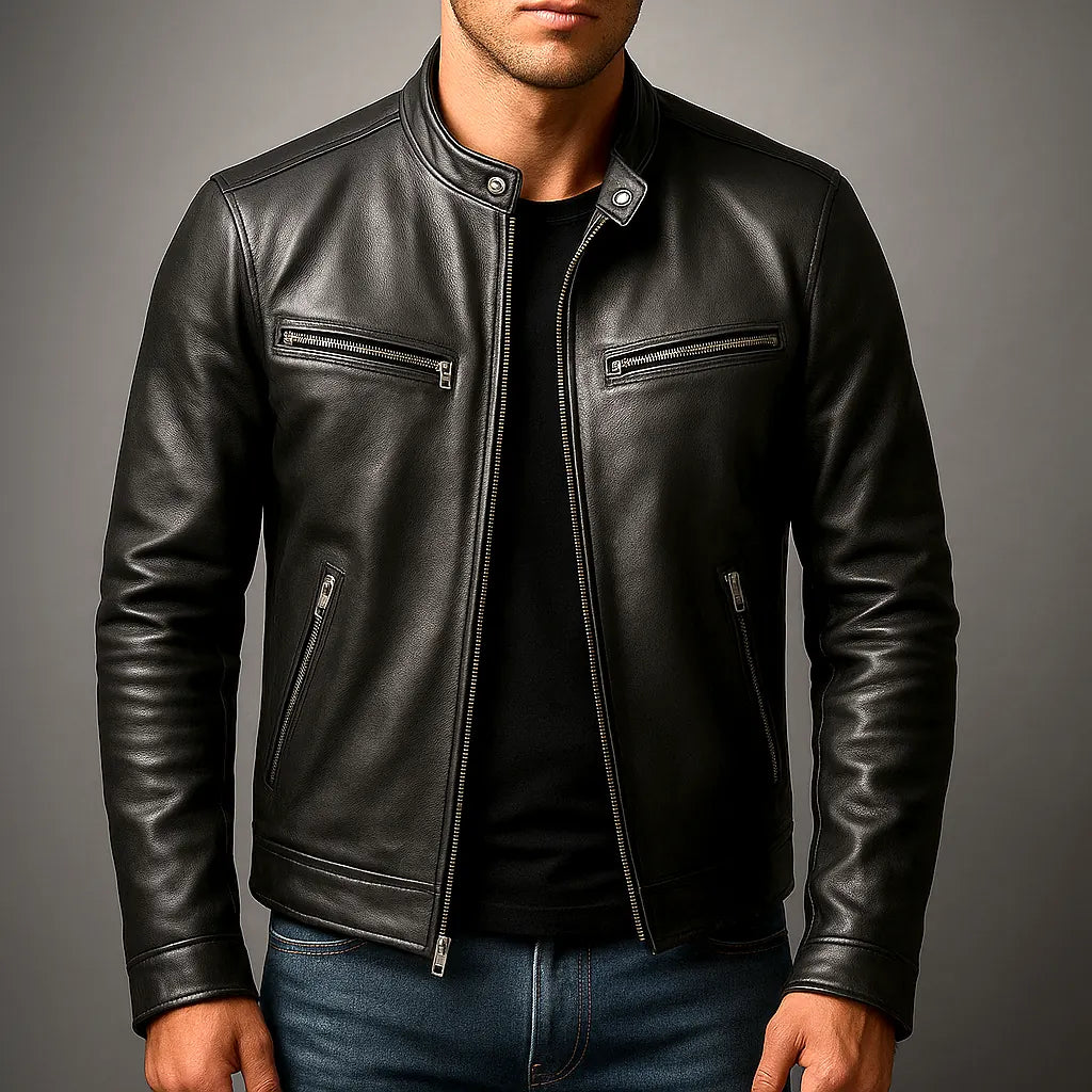 Men's Leather Biker Jacket with Zip Pockets & Slim Fit - Worn Front Detail