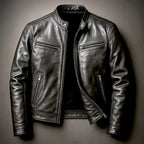Black Men's Leather Biker Jacket with Zip Pockets & Slim Fit
