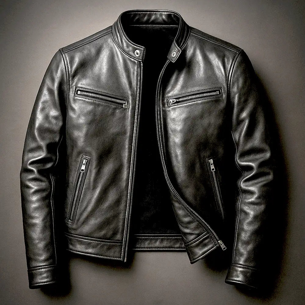 Black Men's Leather Biker Jacket with Zip Pockets & Slim Fit