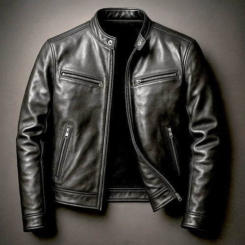 Black Men's Leather Biker Jacket with Zip Pockets & Slim Fit