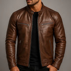 Men's Leather Biker Jacket with Zip Pockets & Slim Fit - Worn Front Close