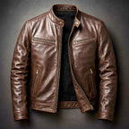 Brown Men's Leather Biker Jacket with Zip Pockets & Slim Fit