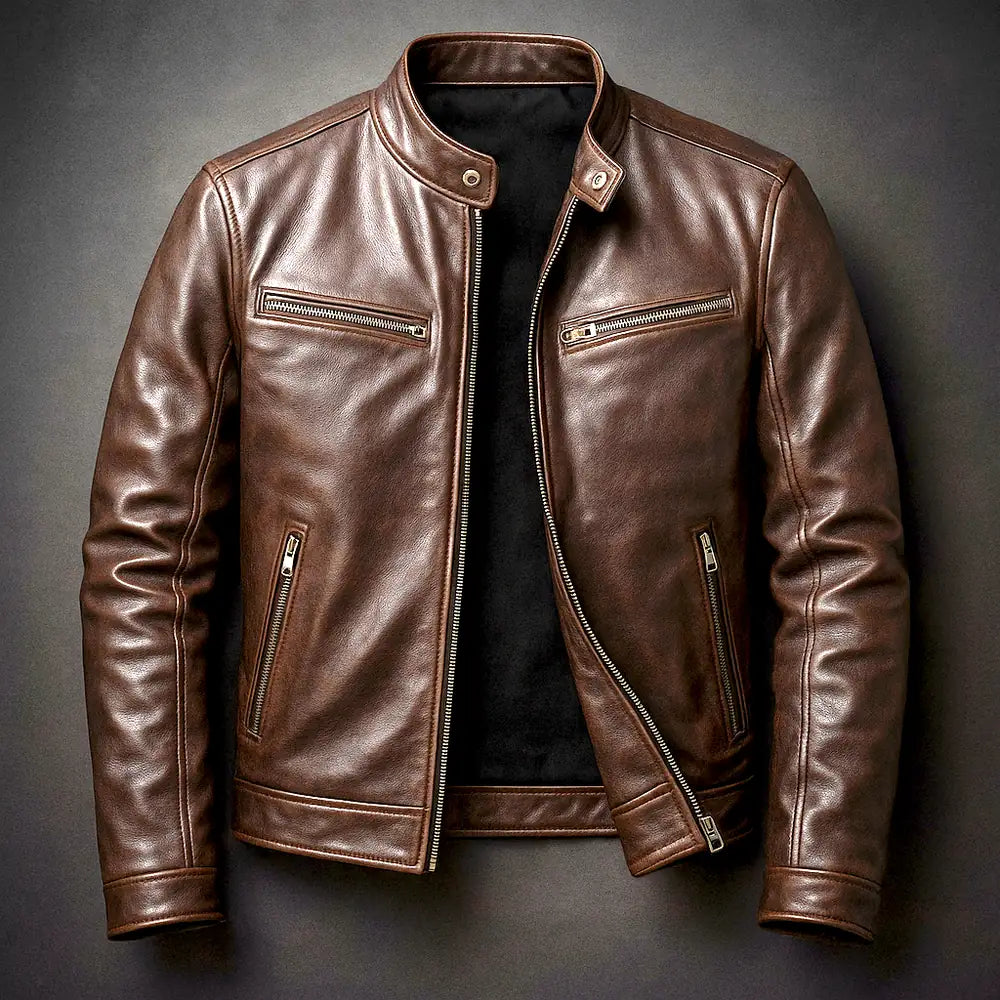 Brown Men's Leather Biker Jacket with Zip Pockets & Slim Fit