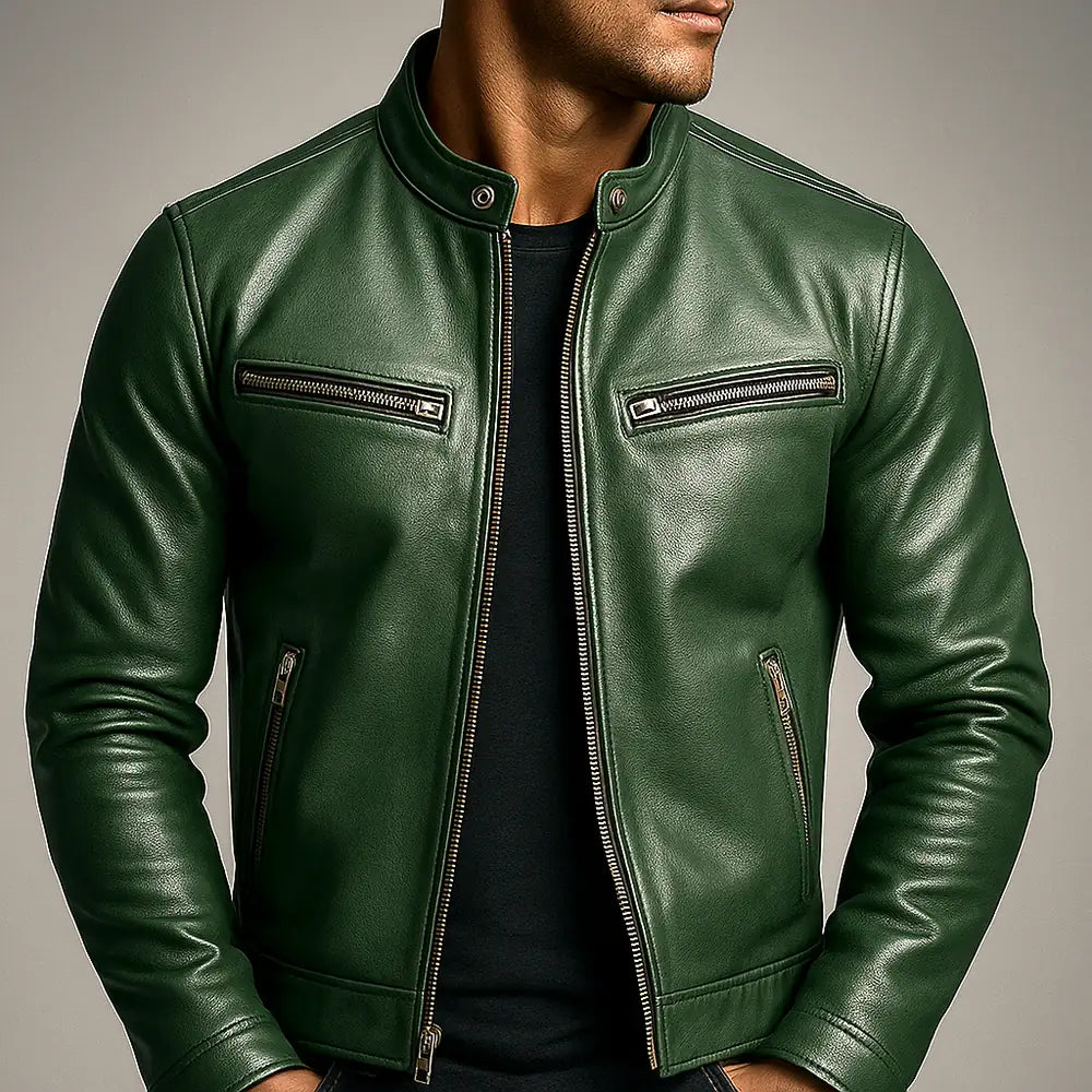 Men's Leather Biker Jacket with Zip Pockets & Slim Fit - Worn Front Crop