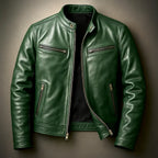 Green Men's Leather Biker Jacket with Zip Pockets & Slim Fit