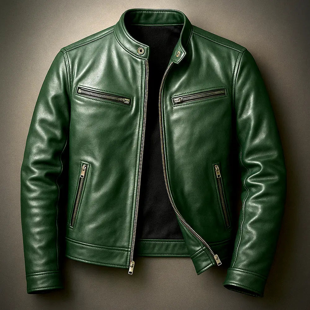 Green Men's Leather Biker Jacket with Zip Pockets & Slim Fit