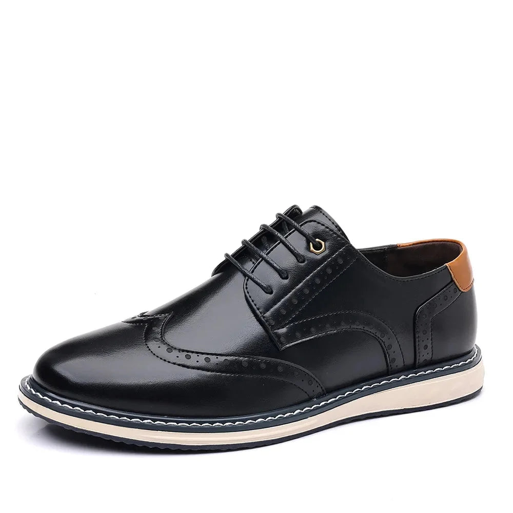Men's Leather Oxford Shoes with Cushioned Sole & Brogue Wingtip Detailing - Studio Angle