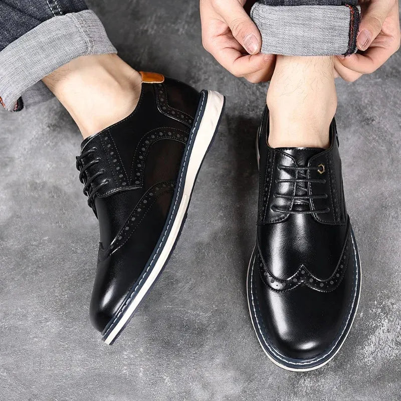 Men's Leather Oxford Shoes with Cushioned Sole & Brogue Wingtip Detailing - Worn Lifestyle Top
