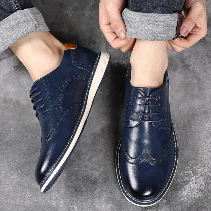 Men's Leather Oxford Shoes with Cushioned Sole & Brogue Wingtip Detailing - Worn Lifestyle Top