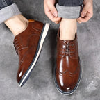 Men's Leather Oxford Shoes with Cushioned Sole & Brogue Wingtip Detailing - Worn Lifestyle Angle