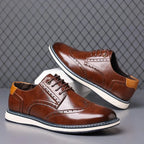 Brown Men's Leather Oxford Shoes with Cushioned Sole & Brogue Wingtip Detailing